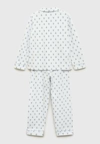 Vitt pyjamapaket med marinblått blommönster, långärmad topp och matchande byxor. Mjuk tyg, krage och ärmslut.