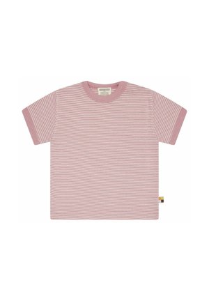Baby-T-Shirt mit kurzen Ärmeln, schmalen rosa-weißen horizontalen Streifen und einem kleinen mehrfarbigen Stoffetikett an der Seitennaht.