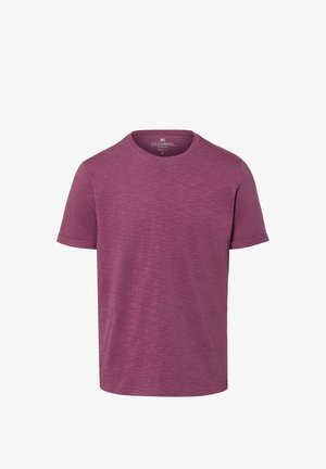 Herren-T-Shirt mit kurzen Ärmeln und Rundhalsausschnitt in meliertem Dunkelrosa, schlichtes Design, mit sichtbarem Markenschild im Krageninnenteil.