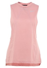 Roze mouwloze sporttop met een ronde halslijn, uitgerust met een ademend meshpaneel in het midden en een klein zilveren logo op de borst.