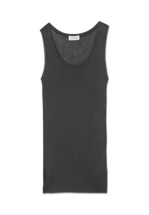 Dark gray sleeveless tank top made of lightweight fabric with a round neckline and a relaxed fit. Features clean edges and no visible patterns.
