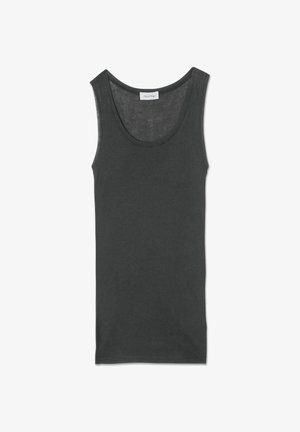 Donkergrijze mouwloze tanktop van lichtgewicht stof met een ronde halslijn en een relaxed fit. Bevat schone randen en geen zichtbare patronen.