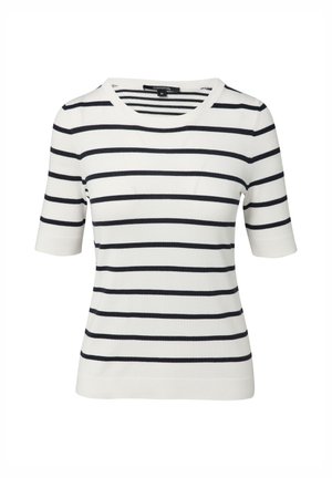Striped short-sleeve knit top in white and navy blue. Features a round neckline and a soft texture. Simple, classic pattern.