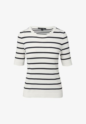 Striped short-sleeve knit top in white and navy blue. Features a round neckline and a soft texture. Simple, classic pattern.