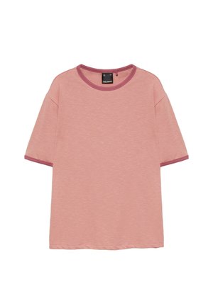 PULL&BEAR, REGULAR FIT WITH CONTRAST RIBBED TRIMS - T-SHIRT - T-shirt basique - light red