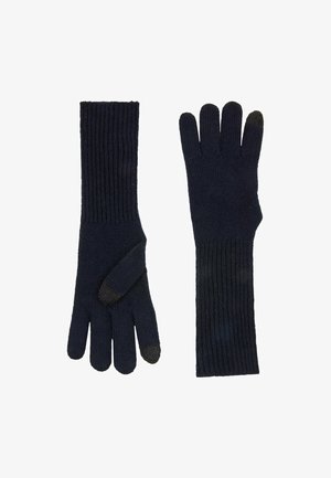 Blaue gestrickte Handschuhe mit gerippten Bündchen, die Fingeröffnungen und strukturierte Fingerspitzen für die Nutzung von Touchscreens aufweisen. Weicher, warmer Stoff.