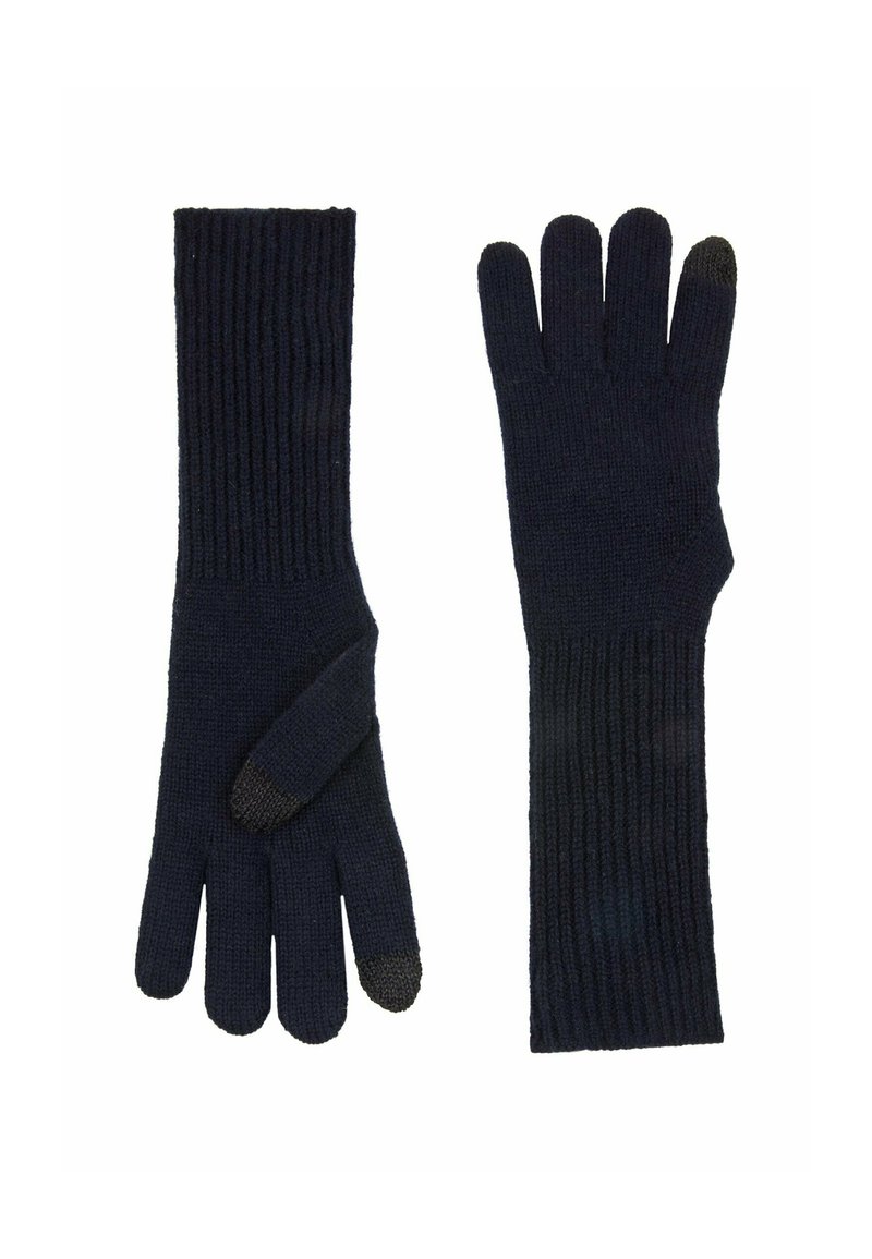Blauwe gebreide handschoenen met geribde manchetten, voorzien van vingertoppen en een textuur voor touchscreen gebruik. Zachte, warme stof.