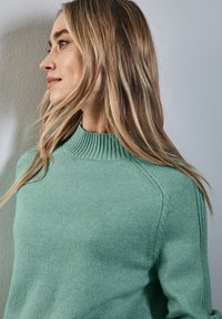 Der mintgrüne gestrickte Pullover hat einen hohen Rippenkragen, einen strukturierten Stoff und Raglanärmel mit verstärkten Nähten.