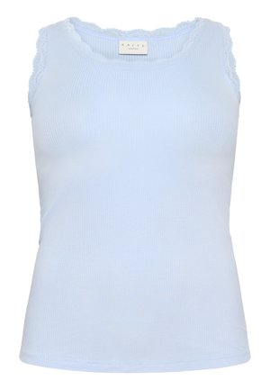 Light blue ribbed tank top with lace trim around the neckline and armholes. Soft texture, fitted design, and sleeveless style.