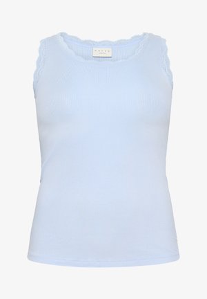 Helles blaues Ripptanktop mit Spitzenbesatz am Ausschnitt und den Armlöchern. Weicher Stoff, taillierte Passform und ärmelloses Design.