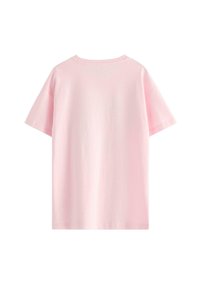 Lyserød bomulds T-shirt med korte ærmer, rund hals og en afslappet pasform. Glat overflade og ensfarvet uden mønstre eller accenter.