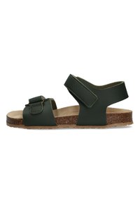 Zelené sandály s nastavitelnými popruhy, korkovou stélkou a texturovanou gumovou podrážkou. Mají široký přední popruh a minimalistický design.
