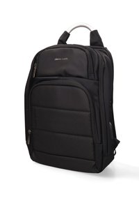 Zaino nero con frontale imbottito, tasche multiple con zip e una maniglia argentata. Realizzato in tessuto resistente con un design elegante.