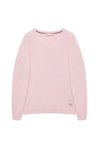 Pull léger rose pâle à manches longues avec col en V, poignets et ourlet côtelés, présentant une petite étiquette "Polo Club" près de l'ourlet inférieur.