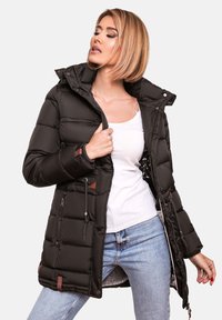 Black puffer coat with a fitted design, zippered front, adjustable drawstrings, and contrasting brown leather accents. Features a hood.