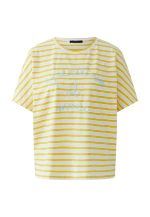White short-sleeve T-shirt with horizontal yellow stripes and light blue cursive text across the chest reading "Merveilles de nature."