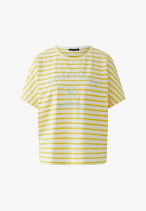 White short-sleeve T-shirt with horizontal yellow stripes and light blue cursive text across the chest reading "Merveilles de nature."