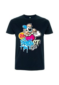 Černé bavlněné tričko s barevným karikaturou postavy s velkýma očima, doplněné jasným textem a graffiti prvky.