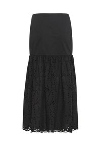 Schwarzer Rock mit einem eng anliegenden oberen Teil und einem ausgestellten unteren Abschnitt. Der untere Teil ist mit Lochmusterungen und einem wellenförmigen Saum versehen.