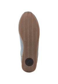 Semelle de chaussure avec un motif ondulé, présentant une base en caoutchouc beige et un logo circulaire noir. Le côté est bleu avec une texture lisse. Taille 37 indiquée.