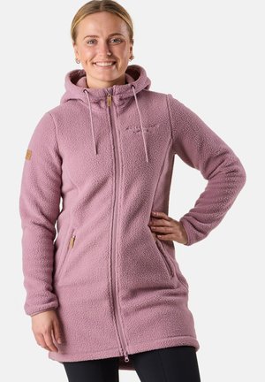 Pink fleece jacket with a zippered front, hood, and side pockets. Features textured fabric and adjustable drawstrings at the hood.