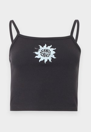 Svart avkortet tanktopp med tynne stropper og lys blå solgrafikk med teksten "Santa Cruz" midt på fronten.