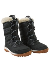 Stivali invernali neri con un bordo peloso beige, dotati di lacci elasticizzati e suole in gomma testurizzata per una presa sicura. Realizzati in materiale impermeabile.