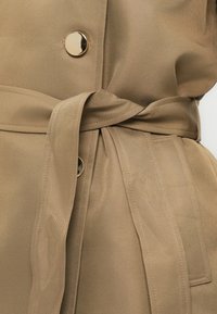 Φόρεμα σε μπεζ χρώμα με ζώνη, λείο υφαντό, διαθέτει δέσιμο στη μέση, λαμπερό χρυσό κουμπί και δομημένη σιλουέτα με κρυφό τσεπάκι.