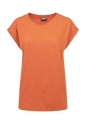 Camiseta de manga corta en algodón naranja brillante, con puños doblados, cuello redondo y un corte relajado. Diseño minimalista sin estampados.