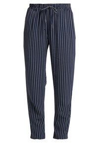 Granatowe spodenki w paski wykonane z lekkiego materiału, z elastycznym pasem w talii z sznurkiem i zwężanymi nogawkami.
