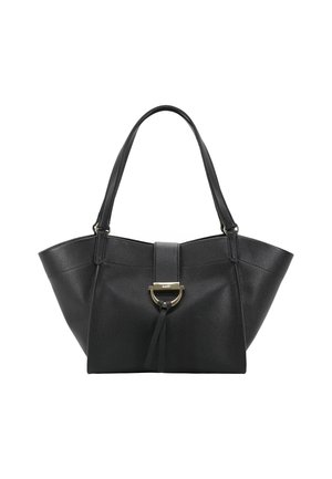 Black tote bag made of textured synthetic material, featuring a structured shape, dual handles, and a gold-tone hardware accent at the front.