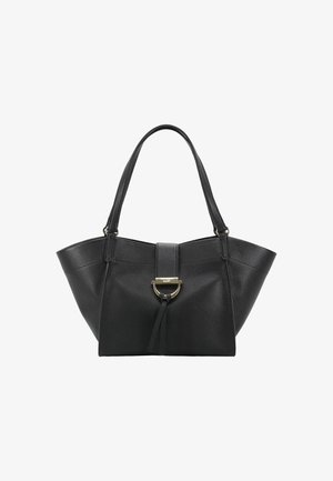 Black tote bag made of textured synthetic material, featuring a structured shape, dual handles, and a gold-tone hardware accent at the front.