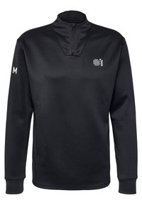 Schwarzer Viertelzip-Pullover aus glattem, leichtem Material. Besitzt ein kleines Logo auf der Brust und gerippte Bündchen. Größe M auf dem Ärmel angezeigt.