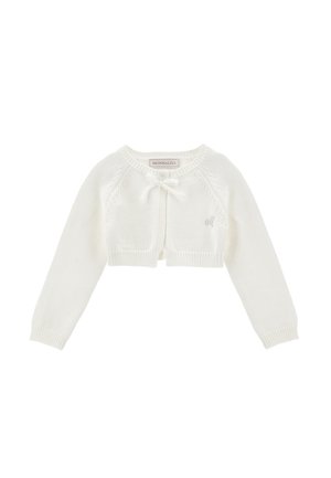 Cardigan court à manches longues en maille blanche pour enfants avec un petit nœud à l'encolure et un détail brodé subtil sur le devant.