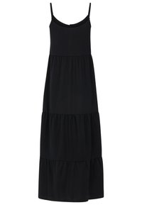 Robe maxi noire sans manches avec bretelles spaghetti et jupe à étages, corsage ajusté avec un décolleté droit.
