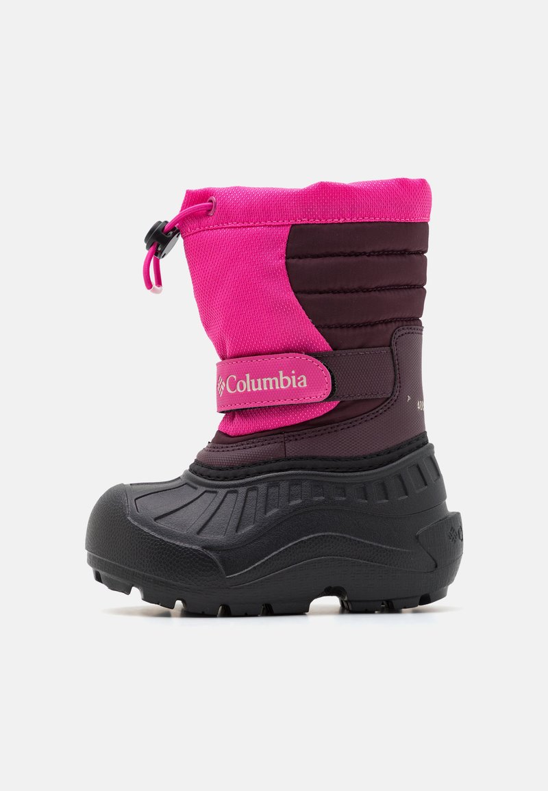 Columbia vinterstøvel med rosa nylonoverdel og sort gummisåle, justerbar topp og borrelåsstropp for lukking.