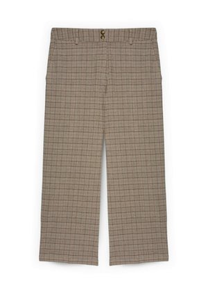 Szerokie spodnie w kratę w odcieniach brązu z czerwonymi i niebieskimi liniami, z dwiema przednimi guzikami, szlufkami na pasek i dopasowanym krojem.