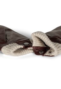 Bruine leren handschoenen met ribbelige beige gebreide manchetten, voorzien van drukknopen en een gladde afwerking.