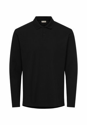 Polo noir à manches longues avec col et deux boutons, montré de face sur fond blanc.