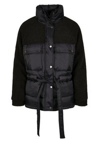 Svart boblejakke med teksturert svart fleece på toppen, knappelukking foran, belte i midjen og høy krage. Har to frontlommer.