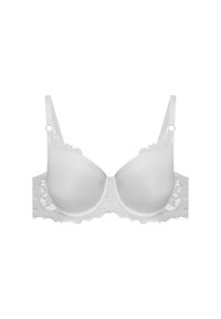 Biały stanik z usztywnianymi miseczkami, koronkowymi detalami na obwodzie oraz regulowanymi ramiączkami. Posiada falbaniasty brzeg i akcenty w kolorze złotym.