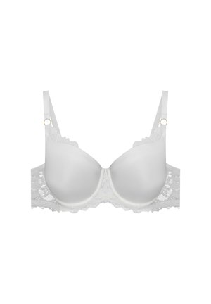 Weißer BH mit gepolsterten Cups, Spitzendetails am Band und verstellbaren Trägern. Besitzt gewellte Kanten und goldfarbene Hardware-Akzente.