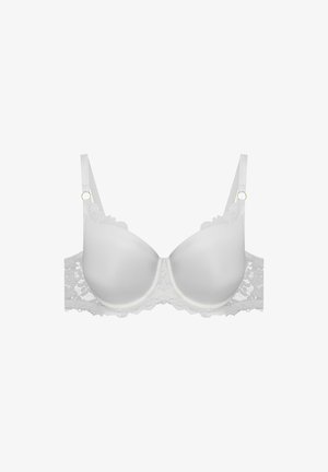 Weißer BH mit gepolsterten Cups, Spitzendetails am Band und verstellbaren Trägern. Besitzt gewellte Kanten und goldfarbene Hardware-Akzente.