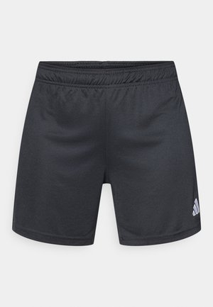 Shorts de sport noirs en matière synthétique, dotés d'une ceinture élastique et d'un petit logo blanc sur le côté inférieur droit.