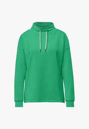 Zelený pulovr s vysokým límcem, stahováním na šňůrku a dlouhými rukávy. Vyrobený z měkké jednobarevné látky s volným střihem.