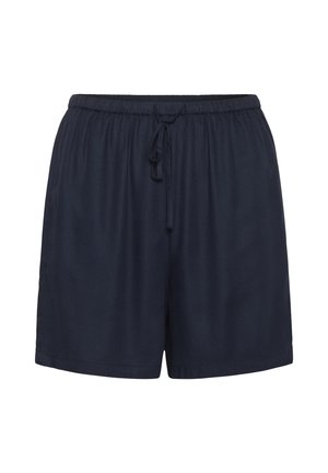 Marineblauwe shorts van zacht materiaal met een elastische tailleband en een trekkoord. Heeft rechte pijpen en geen extra patronen of accenten.