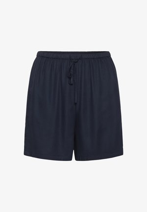 Tamsiai mėlynos šortai, pagaminti iš minkštos medžiagos, su elastinga juosta ir raišteliu. Yra tiesioginių kirpimų kojoms ir neturi papildomų raštų ar akcentų.