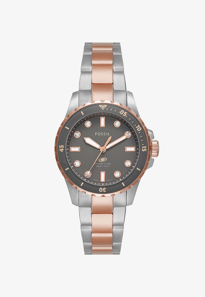 Fossil watch with a gray dial, rose gold accents, and crystal markers. Metal bracelet features silver and rose gold links. Water-resistant to 100m.