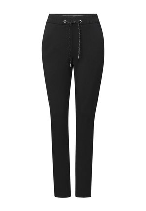 Un pantalon de survêtement noir avec une taille élastique et un cordon de serrage réglable, présentant une texture lisse et un design fuselé. Style simple et minimal.