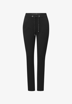 Schwarze Jogginghosen mit elastischem Bund und verstellbarem Kordelzug, wobei sie eine glatte Textur und ein schmal zulaufendes Design aufweisen. Schlichter und minimalistischer Stil.